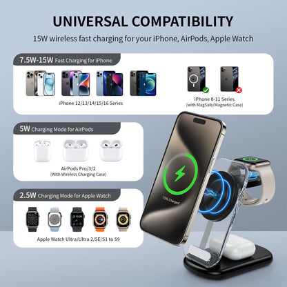 2026 Traveling Wireless Mag-Safe Fast Charging Station,Magnetic 3 in 1 Charger with Light for iPhone 16 15 14 13 12 Pro Max Plus,Apple Watch Series & Air pods 4 3 2 Pro-Gifts for Wife & Husband