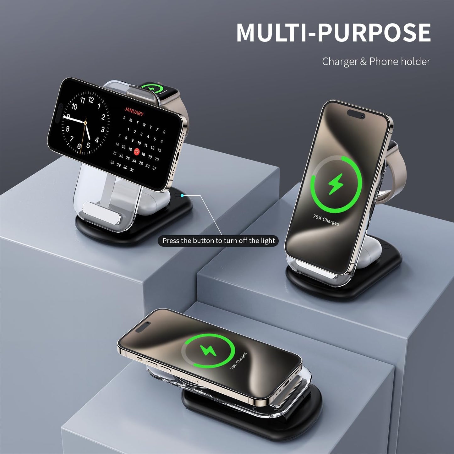 2026 Traveling Wireless Mag-Safe Fast Charging Station,Magnetic 3 in 1 Charger with Light for iPhone 16 15 14 13 12 Pro Max Plus,Apple Watch Series & Air pods 4 3 2 Pro-Gifts for Wife & Husband