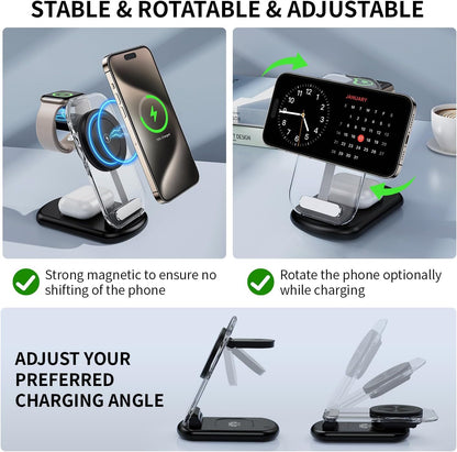 2026 Traveling Wireless Mag-Safe Fast Charging Station,Magnetic 3 in 1 Charger with Light for iPhone 16 15 14 13 12 Pro Max Plus,Apple Watch Series & Air pods 4 3 2 Pro-Gifts for Wife & Husband