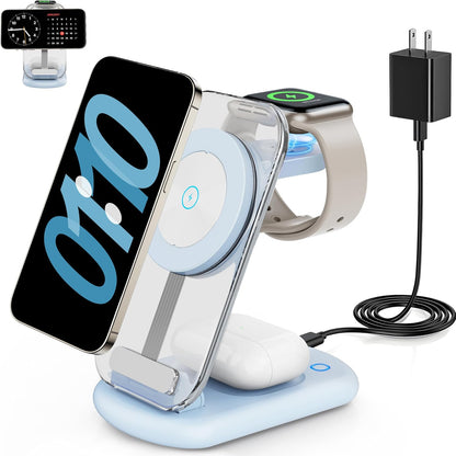 2026 Traveling Wireless Mag-Safe Fast Charging Station,Magnetic 3 in 1 Charger with Light for iPhone 16 15 14 13 12 Pro Max Plus,Apple Watch Series & Air pods 4 3 2 Pro-Gifts for Wife & Husband