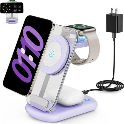 2026 Traveling Wireless Mag-Safe Fast Charging Station,Magnetic 3 in 1 Charger with Light for iPhone 16 15 14 13 12 Pro Max Plus,Apple Watch Series & Air pods 4 3 2 Pro-Gifts for Wife & Husband