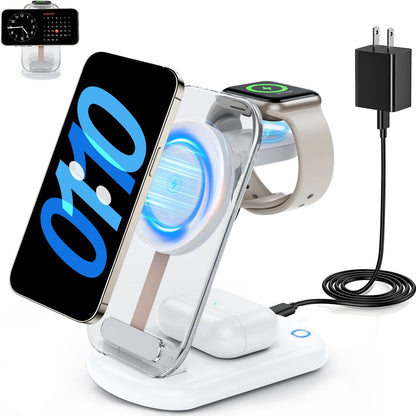 2026 Traveling Wireless Mag-Safe Fast Charging Station,Magnetic 3 in 1 Charger with Light for iPhone 16 15 14 13 12 Pro Max Plus,Apple Watch Series & Air pods 4 3 2 Pro-Gifts for Wife & Husband