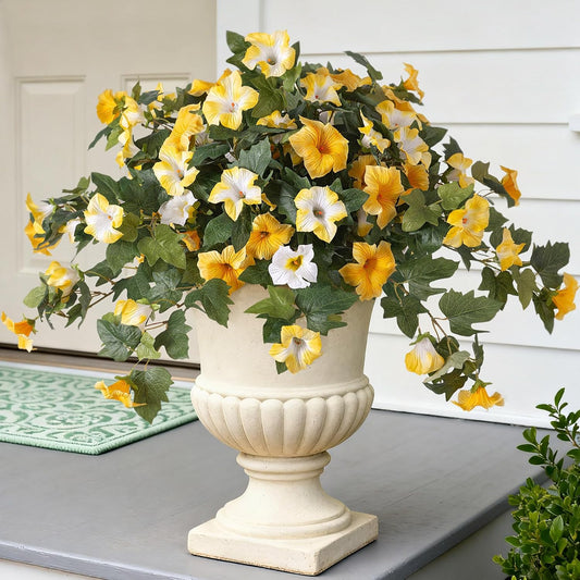 Artificial Fake Petunia Flowers for Outdoor Decoration | 2Pcs Faux Silk Flower for Outside UV Resistant No Fade Realistic Plants for Garden Balcony Yard Porch Decor(Yellow White)