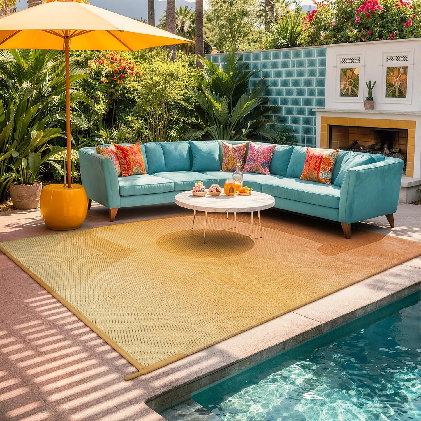 Waterproof RV Outdoor Rugs for Camping 8x10,Reversible Plastic Straw Rug Patio Rv Mats for Outside Under Awning,Portable Lightweight Carpet for Porch Backyard,Orange-Yellow 8x10