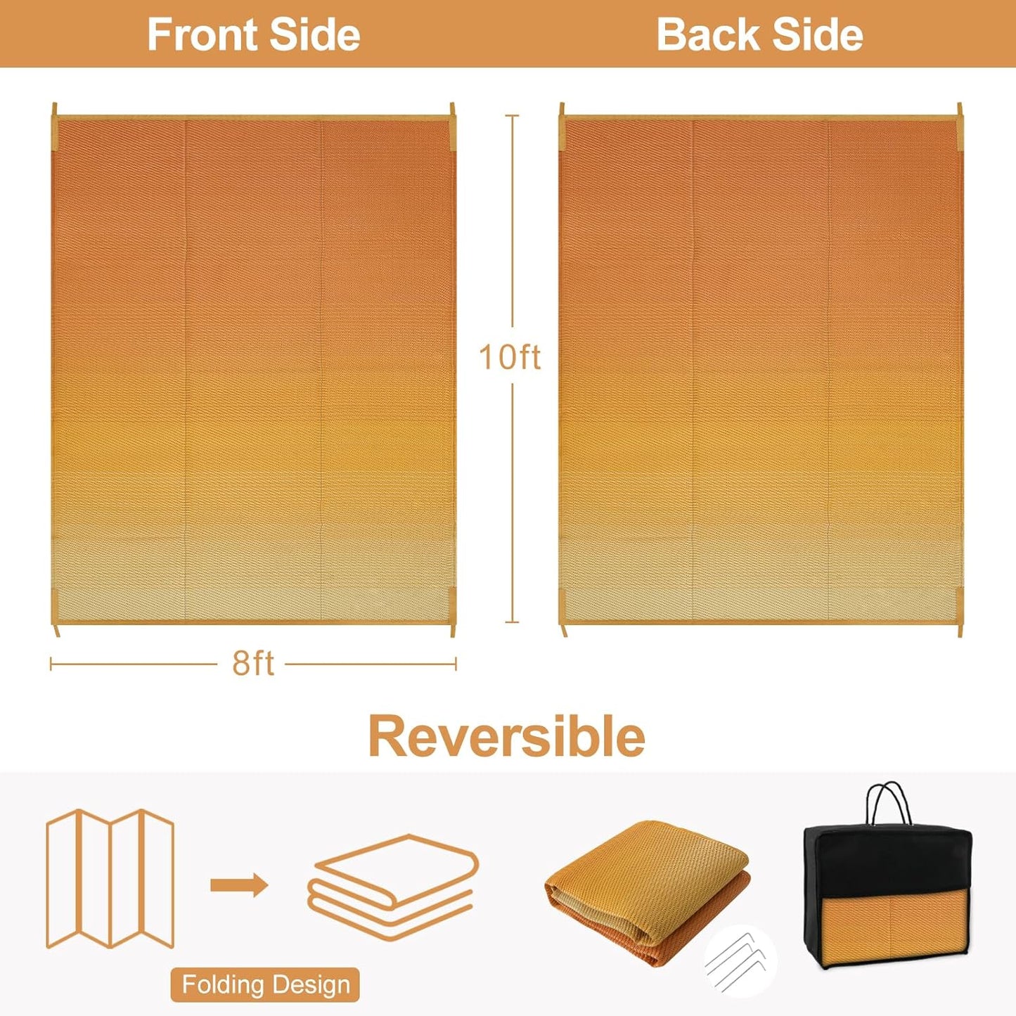 Waterproof RV Outdoor Rugs for Camping 8x10,Reversible Plastic Straw Rug Patio Rv Mats for Outside Under Awning,Portable Lightweight Carpet for Porch Backyard,Orange-Yellow 8x10