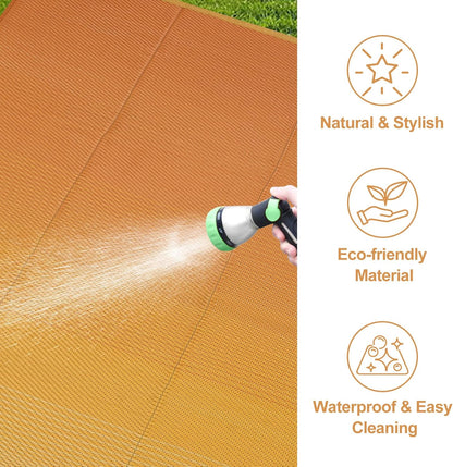 Waterproof RV Outdoor Rugs for Camping 8x10,Reversible Plastic Straw Rug Patio Rv Mats for Outside Under Awning,Portable Lightweight Carpet for Porch Backyard,Orange-Yellow 8x10