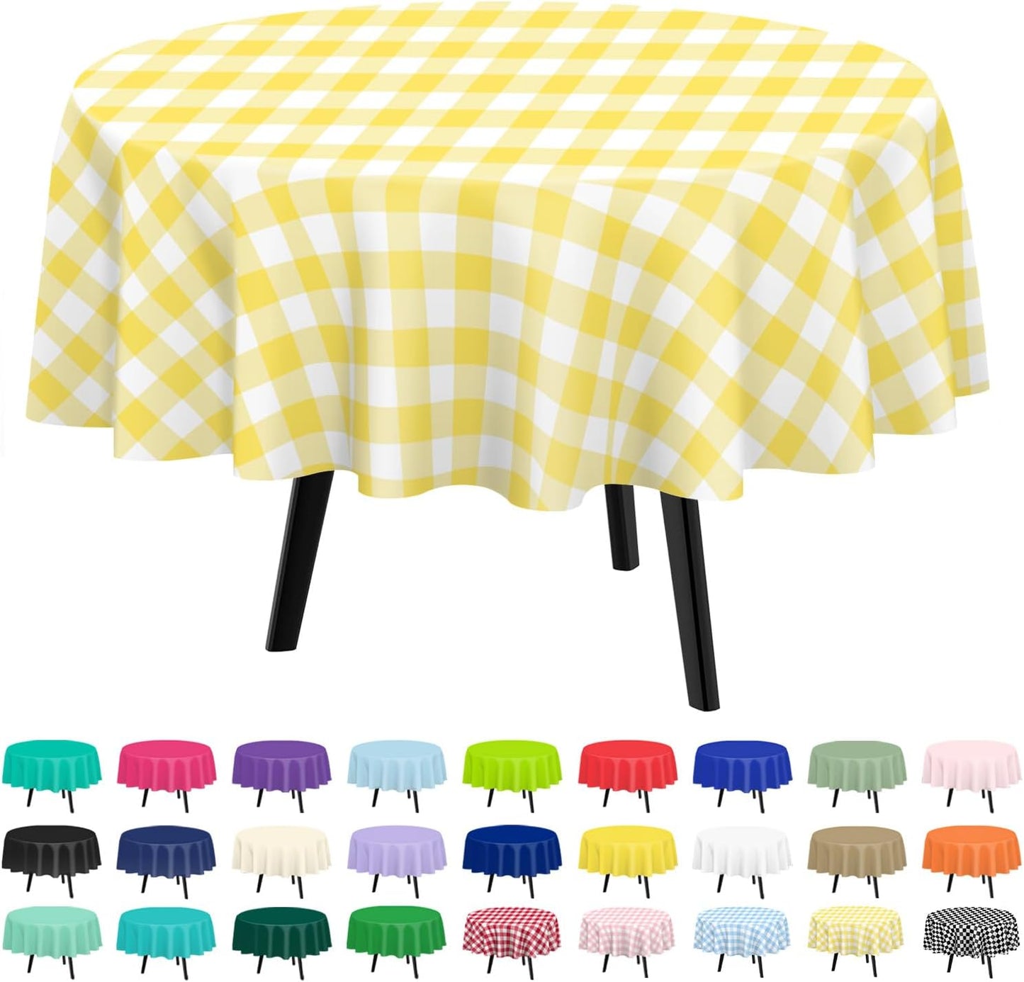 Yellow Gingham Round Tablecloth 2 Pack, 84 Inch Plastic Checkered Table Cover Disposable for Parties