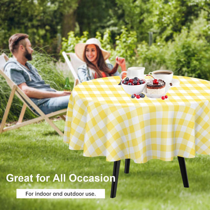 Yellow Gingham Round Tablecloth 2 Pack, 84 Inch Plastic Checkered Table Cover Disposable for Parties