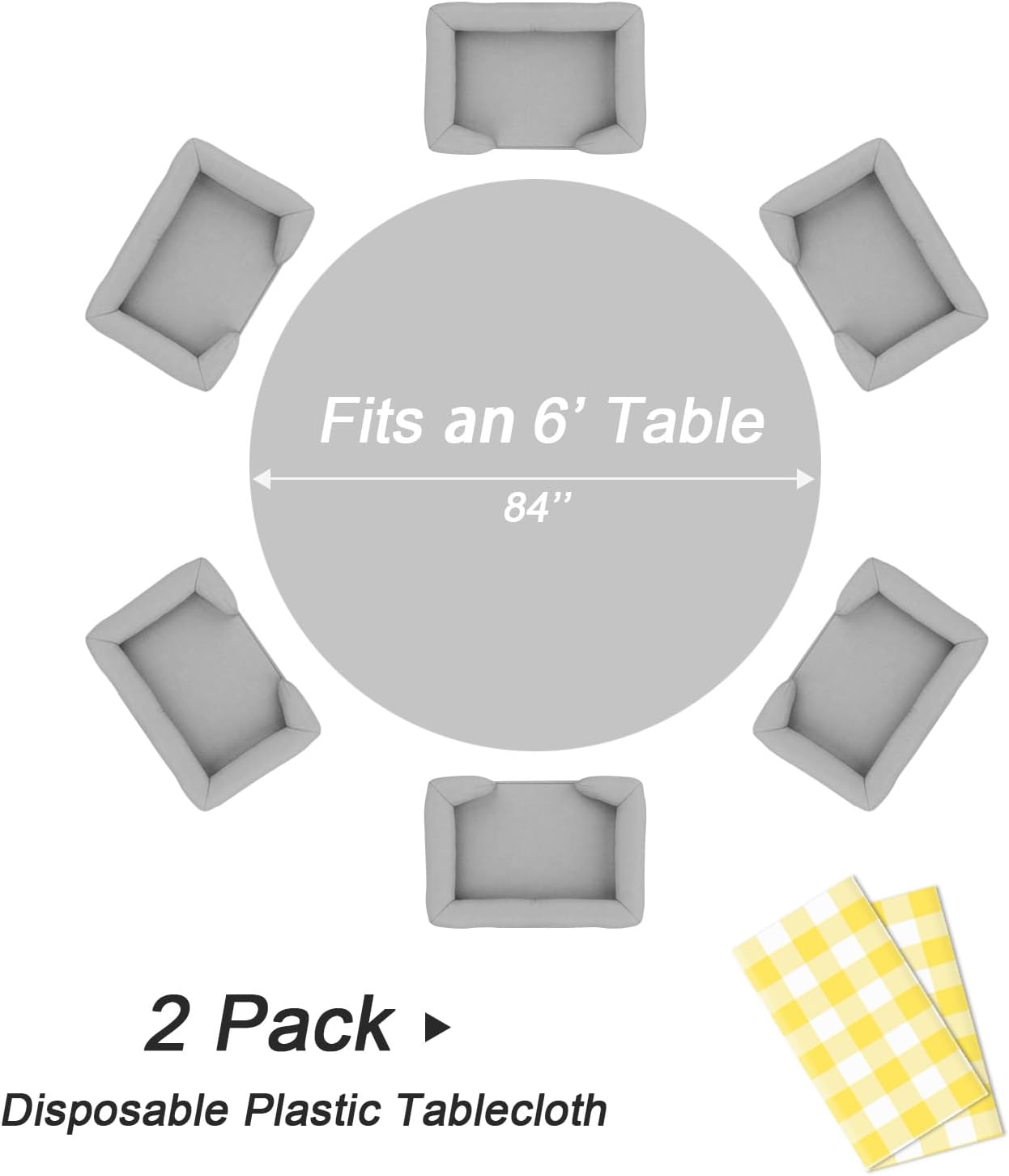 Yellow Gingham Round Tablecloth 2 Pack, 84 Inch Plastic Checkered Table Cover Disposable for Parties