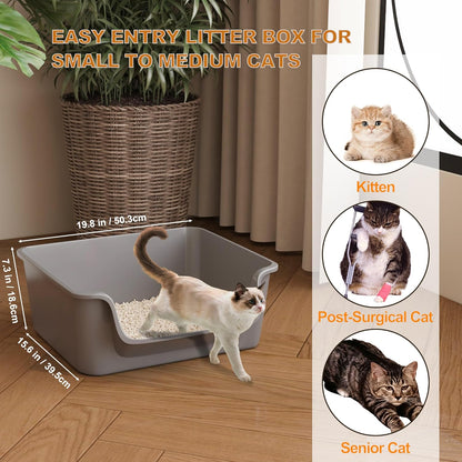 Open-Top Large High Sides Cat Litter Box with Low Entrance, Suitable for Small and Elderly Cats, Anti-Splash, 19.8” x15.6”x7.3” for Indoor Use (Grey（Moon Gray）)