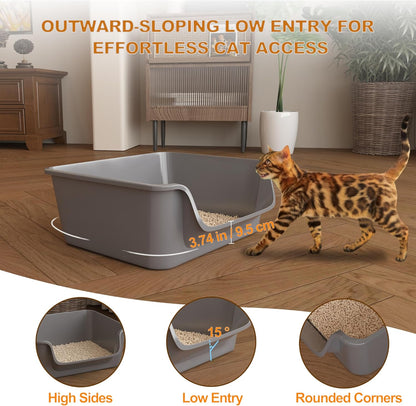 Open-Top Large High Sides Cat Litter Box with Low Entrance, Suitable for Small and Elderly Cats, Anti-Splash, 19.8” x15.6”x7.3” for Indoor Use (Grey（Moon Gray）)