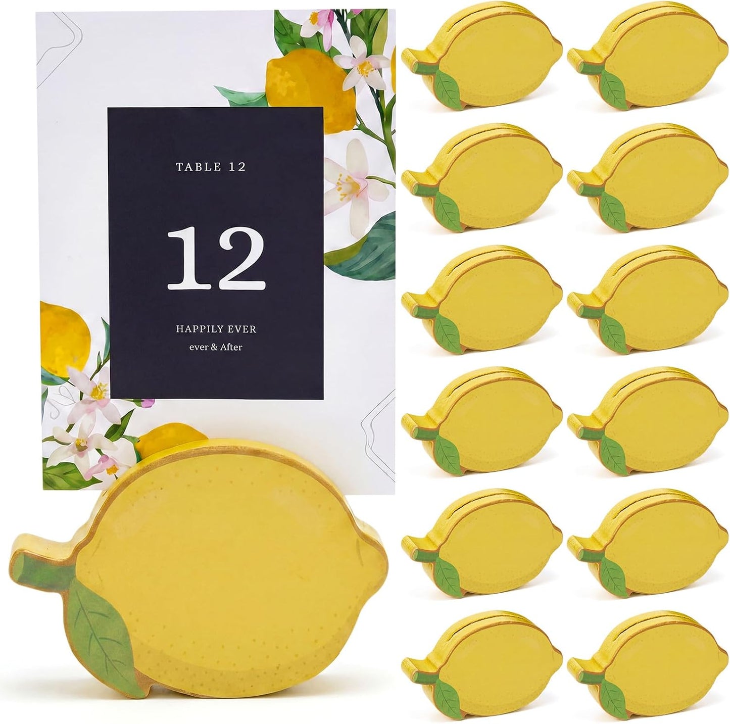 12 Pcs Lemon Place Card Holders Lemon Stand Supplies Fruit Wooden Cards Holder Summer Themed Table Decor for Lemonade Party Supplies Birthday Baby Shower Wedding Table Setting Decorations