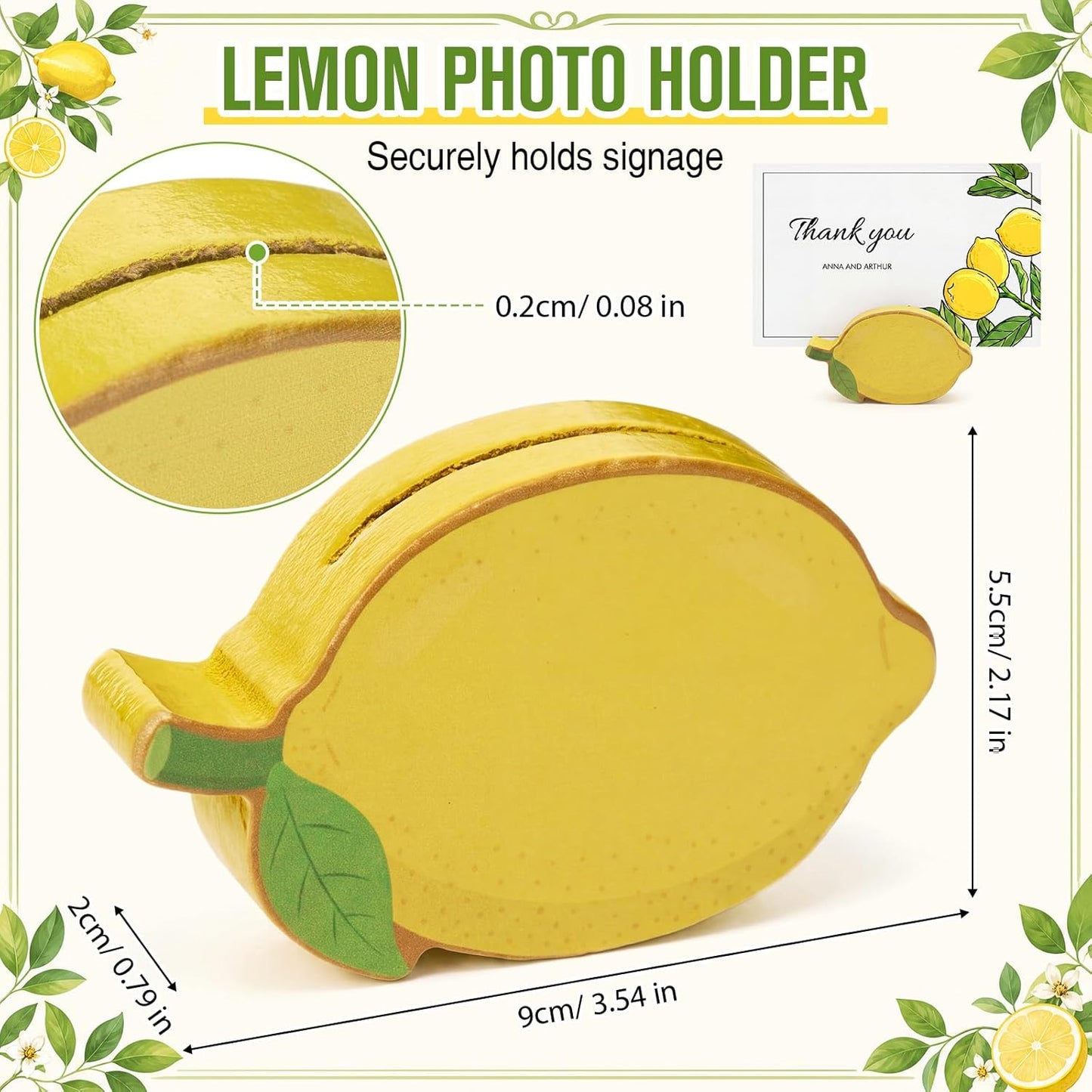 12 Pcs Lemon Place Card Holders Lemon Stand Supplies Fruit Wooden Cards Holder Summer Themed Table Decor for Lemonade Party Supplies Birthday Baby Shower Wedding Table Setting Decorations