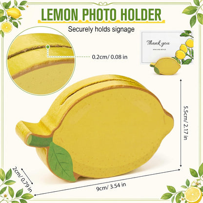 12 Pcs Lemon Place Card Holders Lemon Stand Supplies Fruit Wooden Cards Holder Summer Themed Table Decor for Lemonade Party Supplies Birthday Baby Shower Wedding Table Setting Decorations