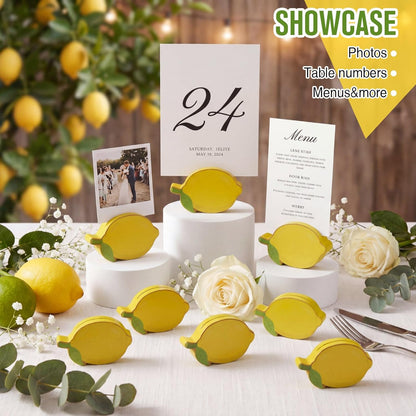 12 Pcs Lemon Place Card Holders Lemon Stand Supplies Fruit Wooden Cards Holder Summer Themed Table Decor for Lemonade Party Supplies Birthday Baby Shower Wedding Table Setting Decorations
