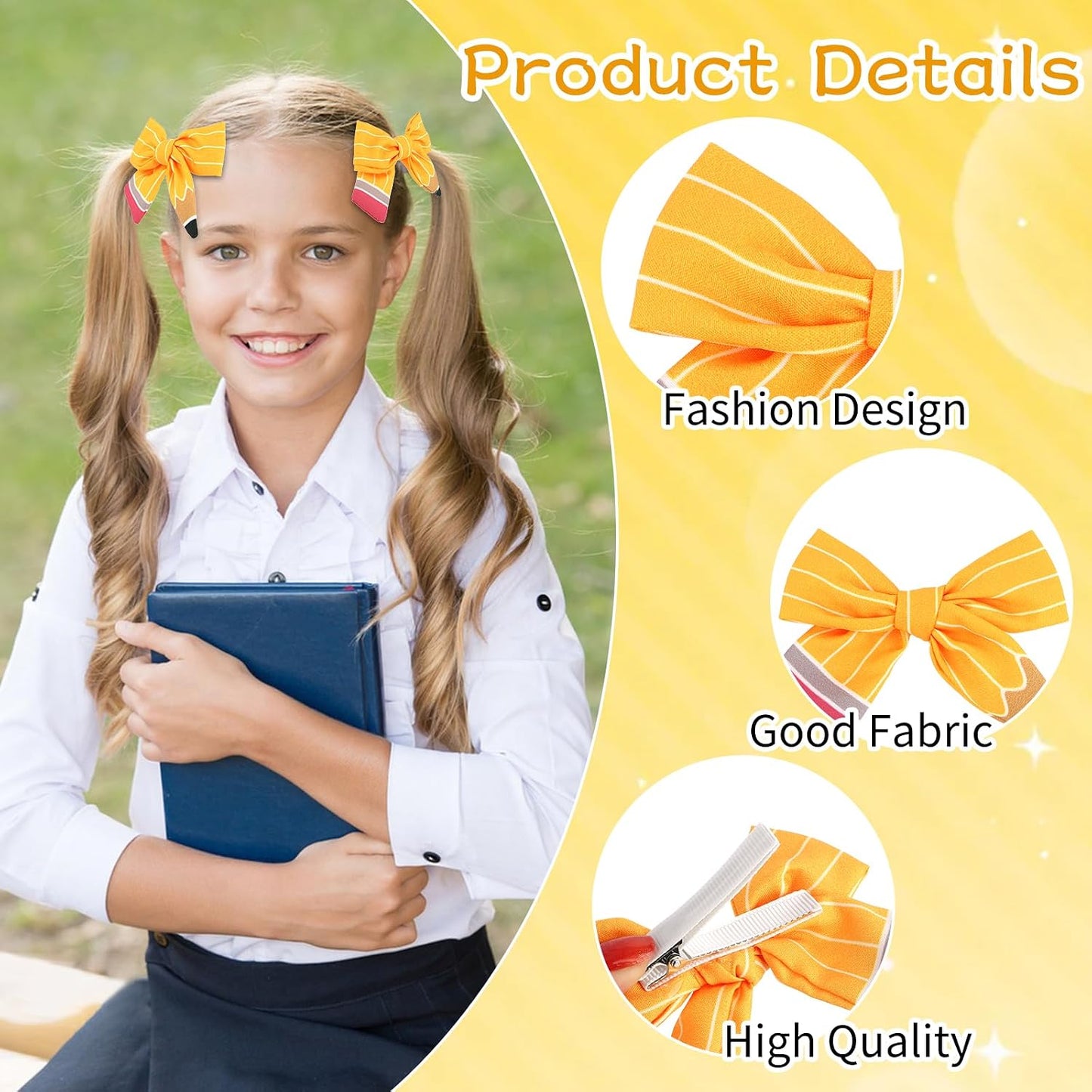 10PCS Back to School Pencil Hair Clips Yellow Bow Hair Accessory | Teacher Student Cute First Day of School Outfits