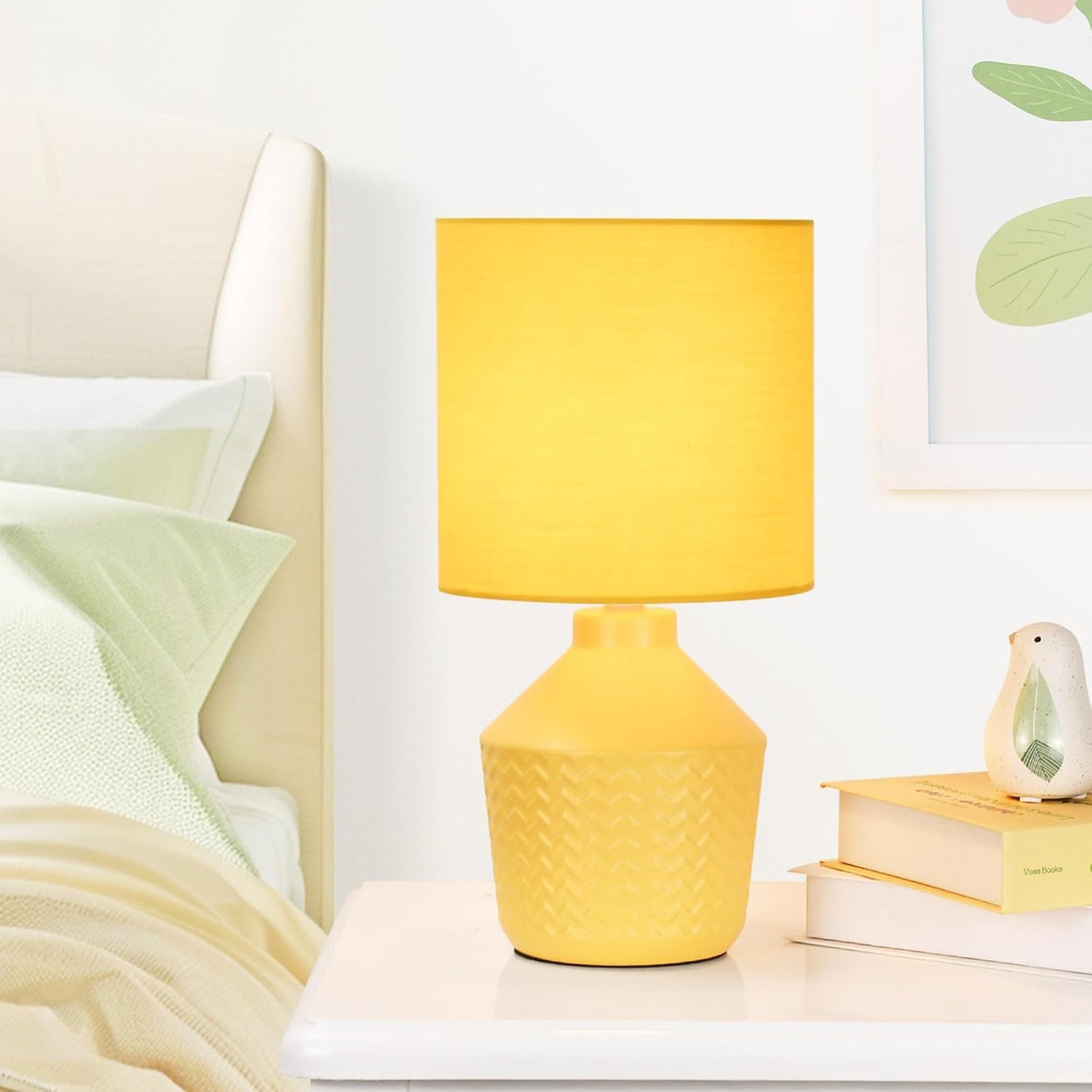 Vane Yellow Small Table Lamp for Living Room as Bedside Table Lamp for Bedroom,Modern Ceramic Kids Night Table Lamp,Φ6.89×H13.58IN,Bulb Excluded