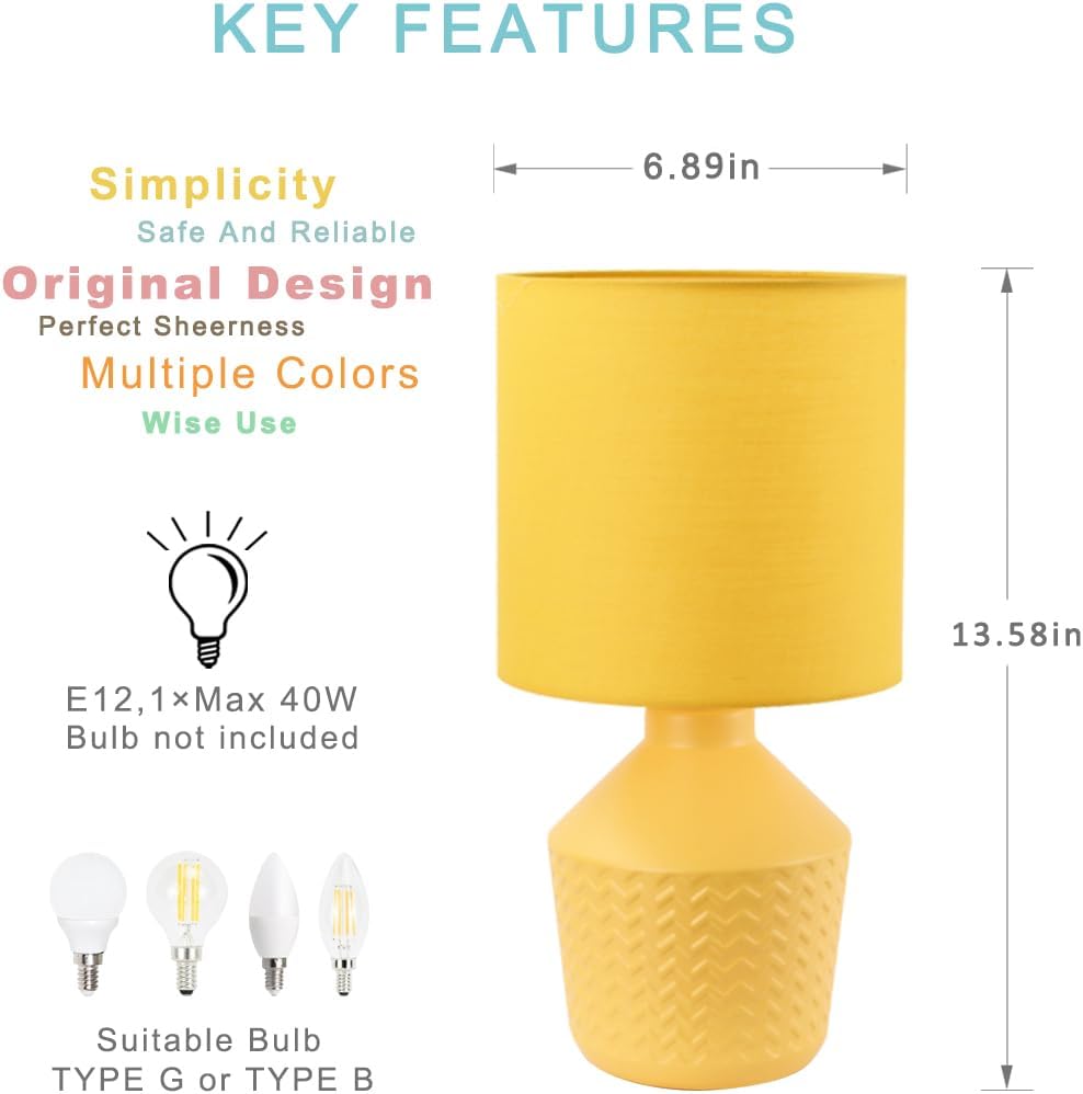 Vane Yellow Small Table Lamp for Living Room as Bedside Table Lamp for Bedroom,Modern Ceramic Kids Night Table Lamp,Φ6.89×H13.58IN,Bulb Excluded