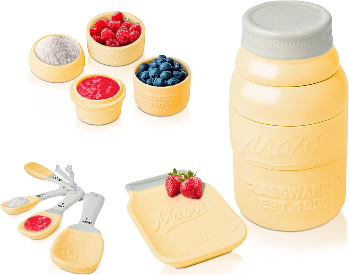 Yellow Mason Jar Measuring Set – 4 Cups, 4 Spoons, Spoon Rest | Yellow; ceramic; 9-piece set; 4 measuring cups + 4 measuring spoons + spoon rest; mason jar design; hand wash only