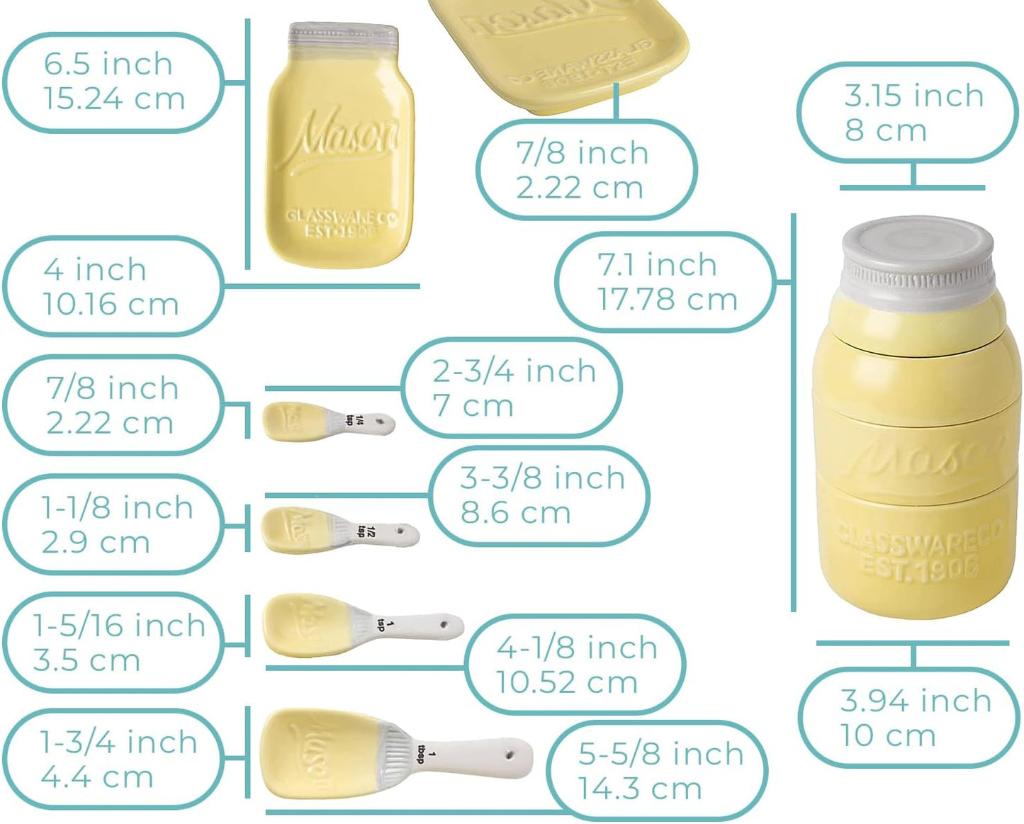 Yellow Mason Jar Measuring Set – 4 Cups, 4 Spoons, Spoon Rest | Yellow; ceramic; 9-piece set; 4 measuring cups + 4 measuring spoons + spoon rest; mason jar design; hand wash only