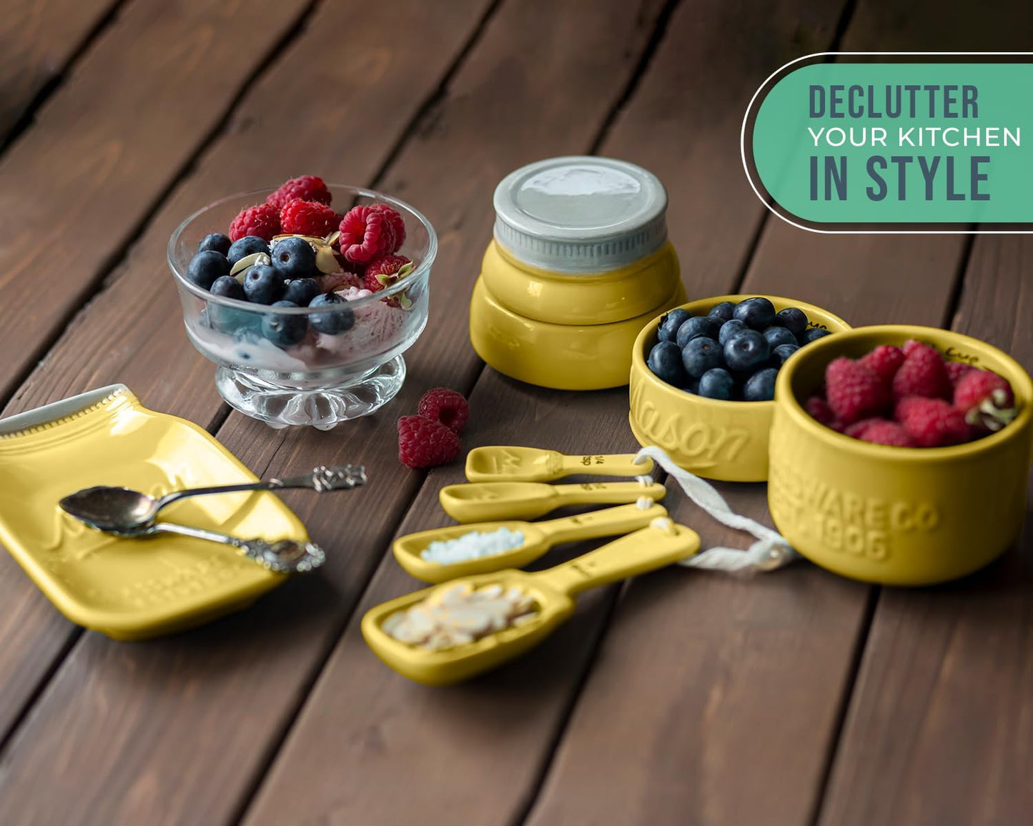 Yellow Mason Jar Measuring Set – 4 Cups, 4 Spoons, Spoon Rest | Yellow; ceramic; 9-piece set; 4 measuring cups + 4 measuring spoons + spoon rest; mason jar design; hand wash only
