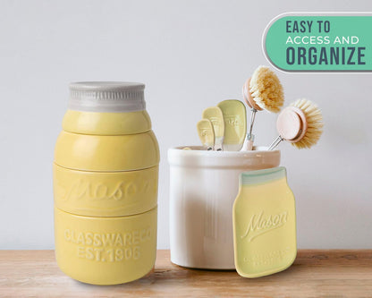 Yellow Mason Jar Measuring Set – 4 Cups, 4 Spoons, Spoon Rest | Yellow; ceramic; 9-piece set; 4 measuring cups + 4 measuring spoons + spoon rest; mason jar design; hand wash only