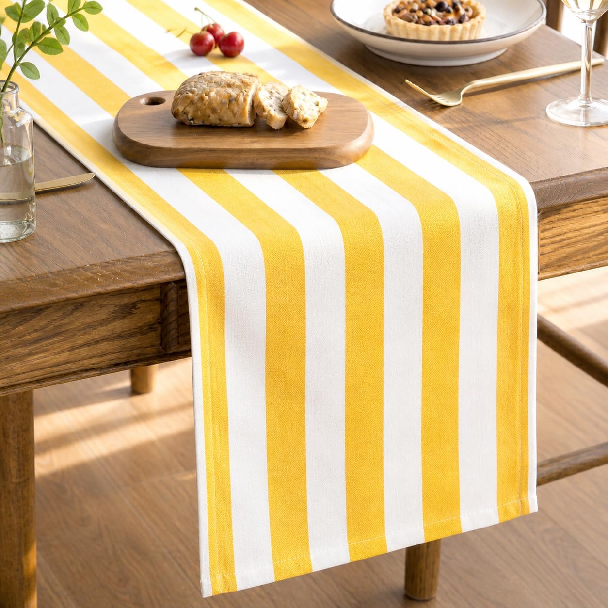 Table Runner 108 inches Long | Fall Table Runner for Dining Table, Fall Table Decor | 100% Cotton, Machine Washable, Yellow & White Striped Runners for Kitchen, Dining Room, Living Room