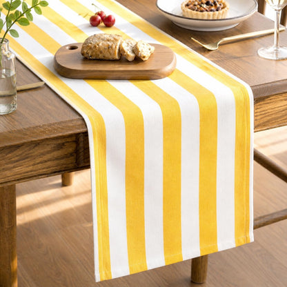 Table Runner 108 inches Long | Fall Table Runner for Dining Table, Fall Table Decor | 100% Cotton, Machine Washable, Yellow & White Striped Runners for Kitchen, Dining Room, Living Room
