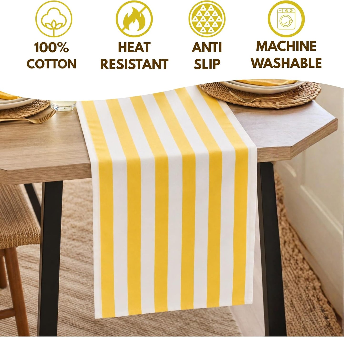 Table Runner 108 inches Long | Fall Table Runner for Dining Table, Fall Table Decor | 100% Cotton, Machine Washable, Yellow & White Striped Runners for Kitchen, Dining Room, Living Room