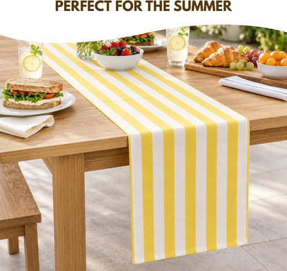 Table Runner 108 inches Long | Fall Table Runner for Dining Table, Fall Table Decor | 100% Cotton, Machine Washable, Yellow & White Striped Runners for Kitchen, Dining Room, Living Room