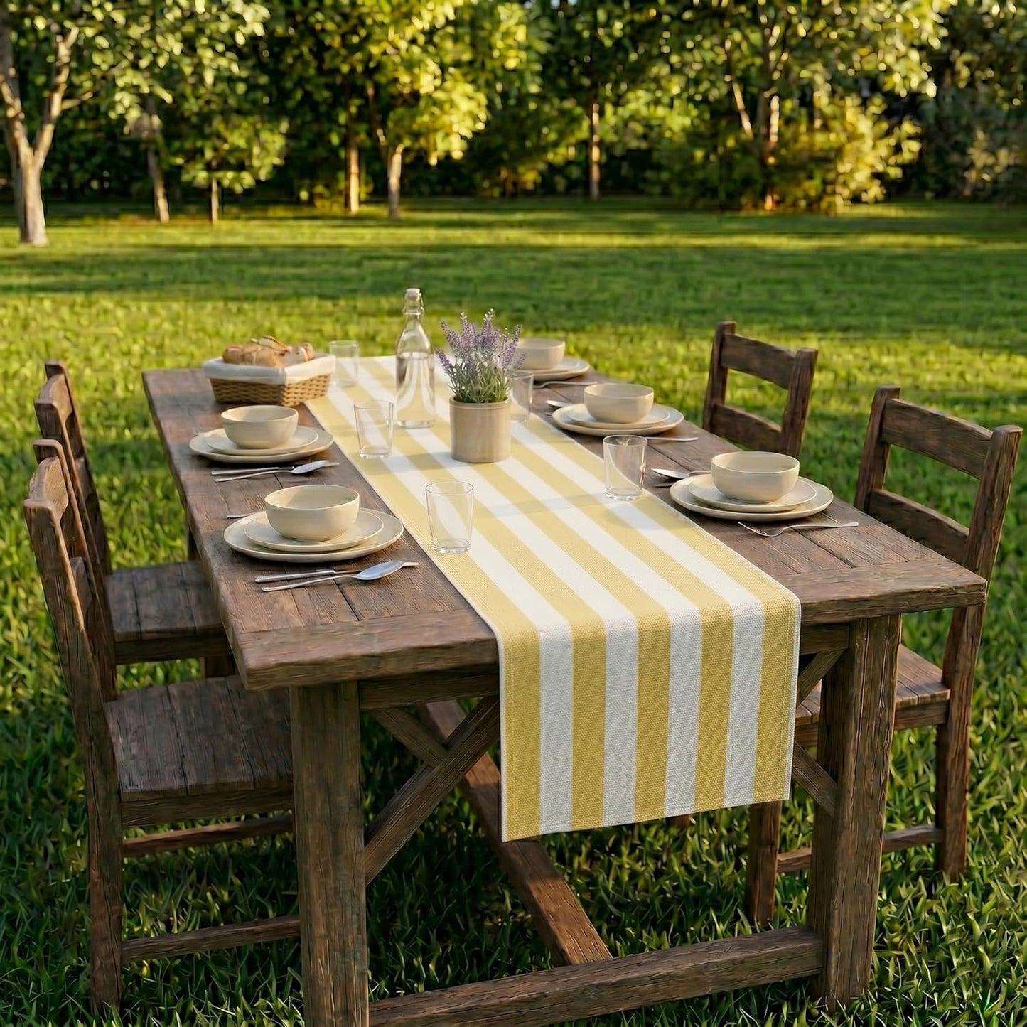 Table Runner 108 inches Long | Fall Table Runner for Dining Table, Fall Table Decor | 100% Cotton, Machine Washable, Yellow & White Striped Runners for Kitchen, Dining Room, Living Room