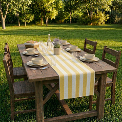 Table Runner 108 inches Long | Fall Table Runner for Dining Table, Fall Table Decor | 100% Cotton, Machine Washable, Yellow & White Striped Runners for Kitchen, Dining Room, Living Room