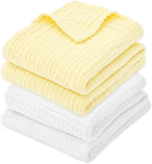 Muslin Baby Blanket 6-Layer 43"x43", 2-Pack(White & Yellow) | Soft Cotton Receiving Blanket for Infant Swaddle Blanket Toddler Boys Girls Bath Towel, Newborn Essentials