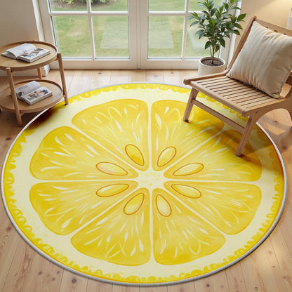 Lemon Rug 4ft - Yellow Fruit Rug, Washable Funny Lemon Pattern Round Rugs, Non-Slip Fresh Fruit Design Circle Carpet