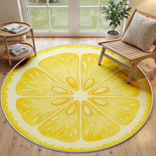 Lemon Rug 4ft - Yellow Fruit Rug, Washable Funny Lemon Pattern Round Rugs, Non-Slip Fresh Fruit Design Circle Carpet
