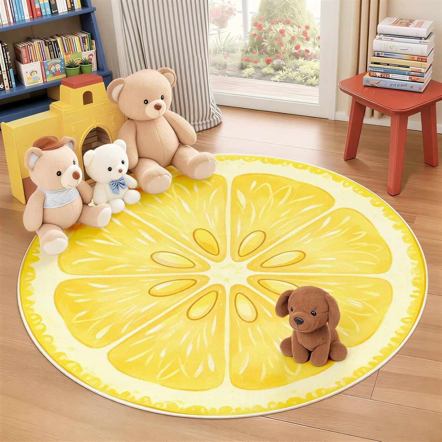 Lemon Rug 4ft - Yellow Fruit Rug, Washable Funny Lemon Pattern Round Rugs, Non-Slip Fresh Fruit Design Circle Carpet