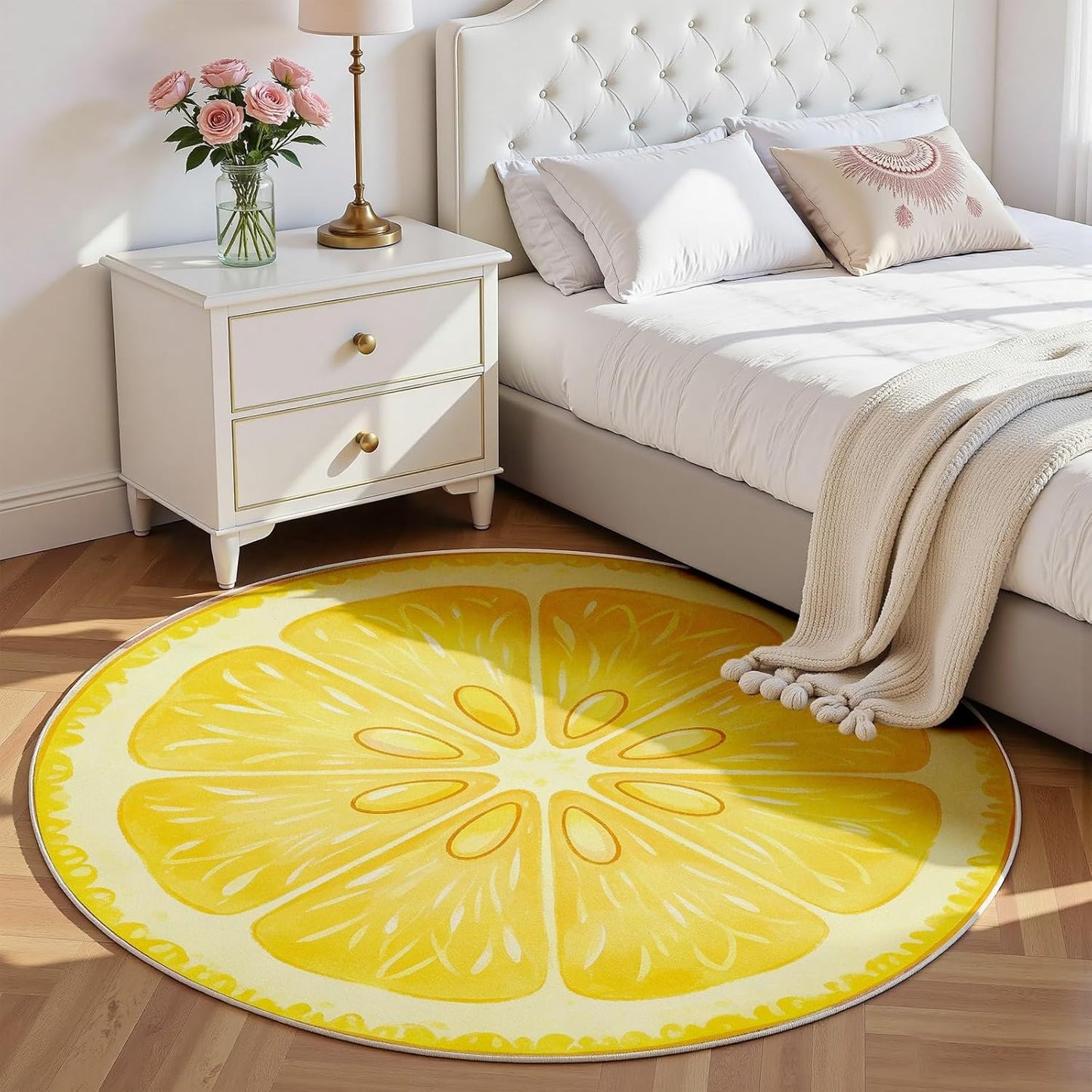 Lemon Rug 4ft - Yellow Fruit Rug, Washable Funny Lemon Pattern Round Rugs, Non-Slip Fresh Fruit Design Circle Carpet