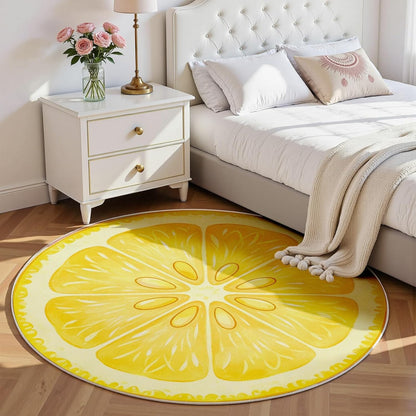 Lemon Rug 4ft - Yellow Fruit Rug, Washable Funny Lemon Pattern Round Rugs, Non-Slip Fresh Fruit Design Circle Carpet