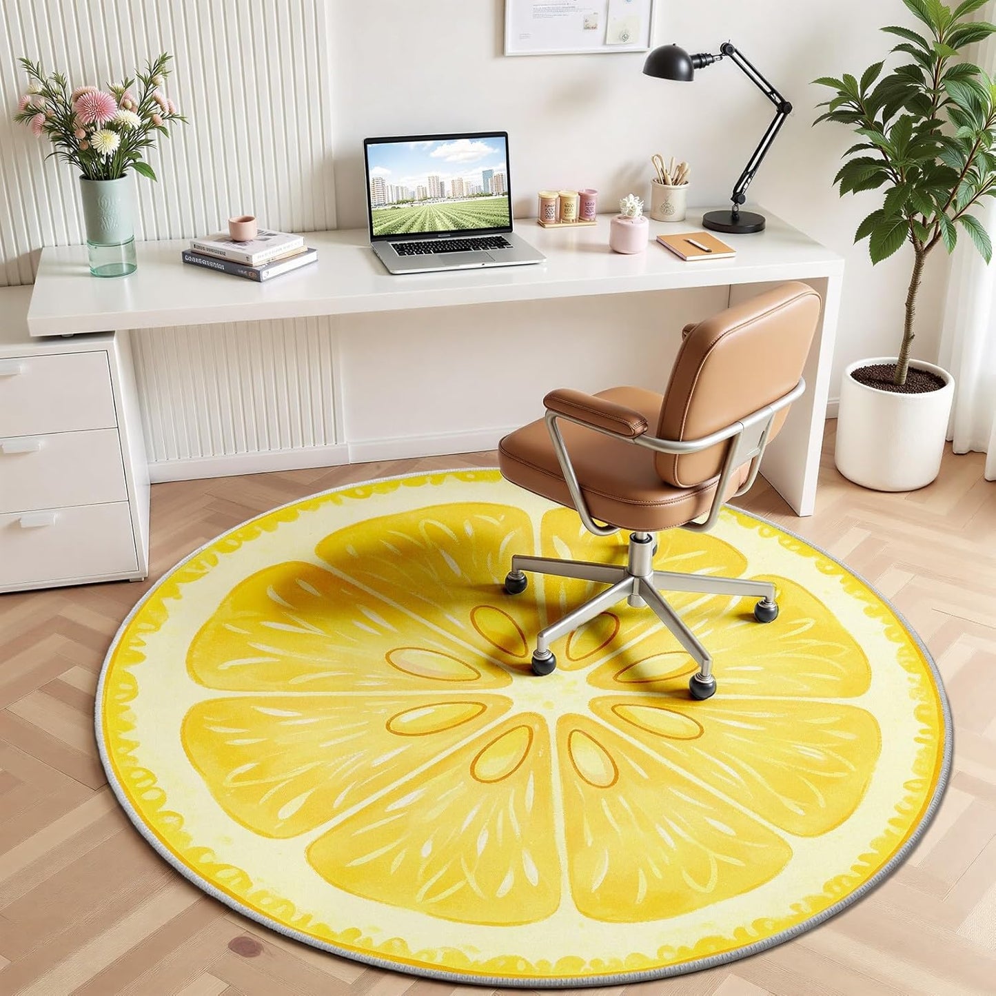 Lemon Rug 4ft - Yellow Fruit Rug, Washable Funny Lemon Pattern Round Rugs, Non-Slip Fresh Fruit Design Circle Carpet