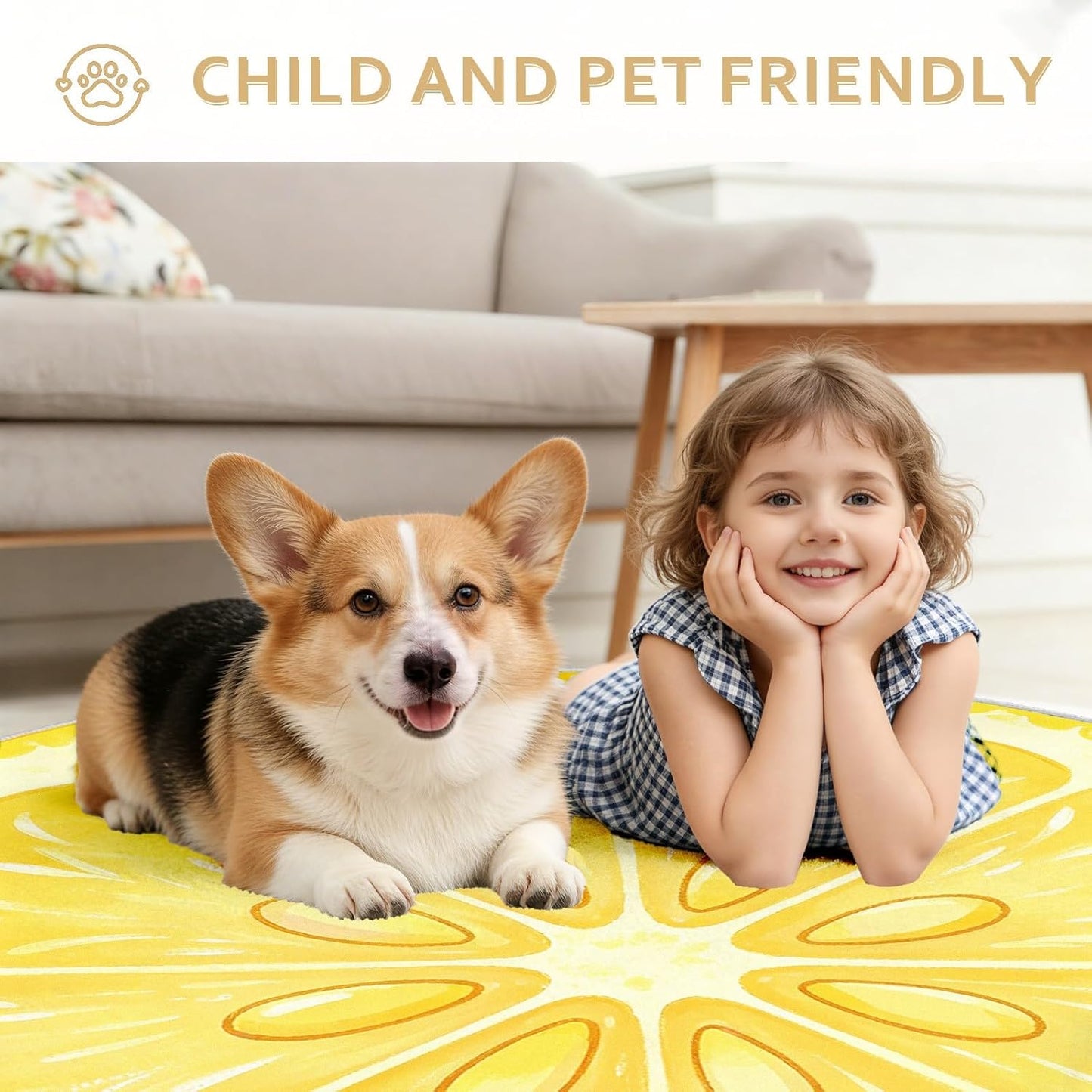Lemon Rug 4ft - Yellow Fruit Rug, Washable Funny Lemon Pattern Round Rugs, Non-Slip Fresh Fruit Design Circle Carpet