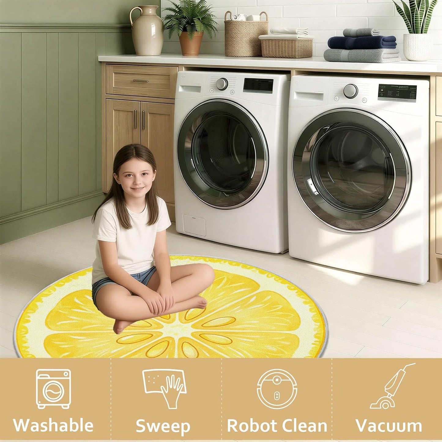 Lemon Rug 4ft - Yellow Fruit Rug, Washable Funny Lemon Pattern Round Rugs, Non-Slip Fresh Fruit Design Circle Carpet