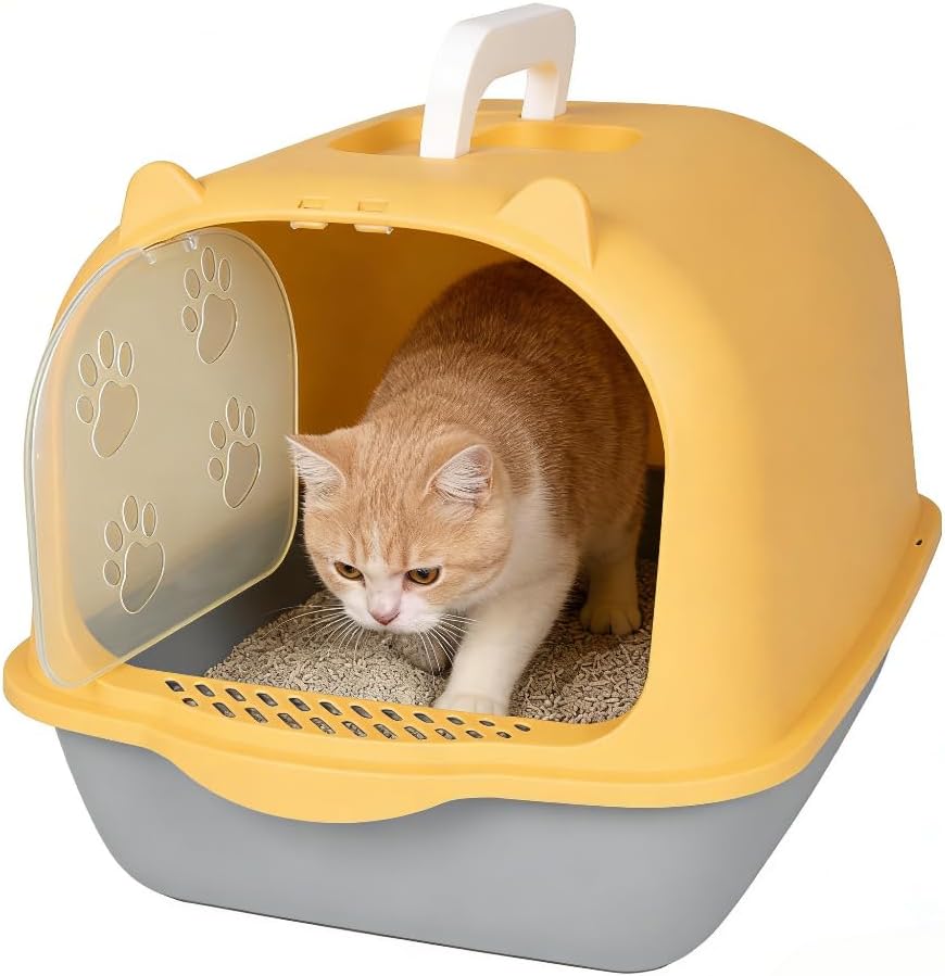 Front Lift Cover Cat Litter Box with Scoop - Splash Proof Plastic Cat Toilet, Easy Clean Pet Litter Basin for Cats(Yellow)
