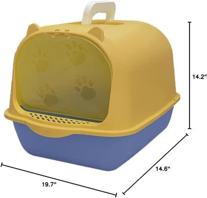 Front Lift Cover Cat Litter Box with Scoop - Splash Proof Plastic Cat Toilet, Easy Clean Pet Litter Basin for Cats(Yellow)