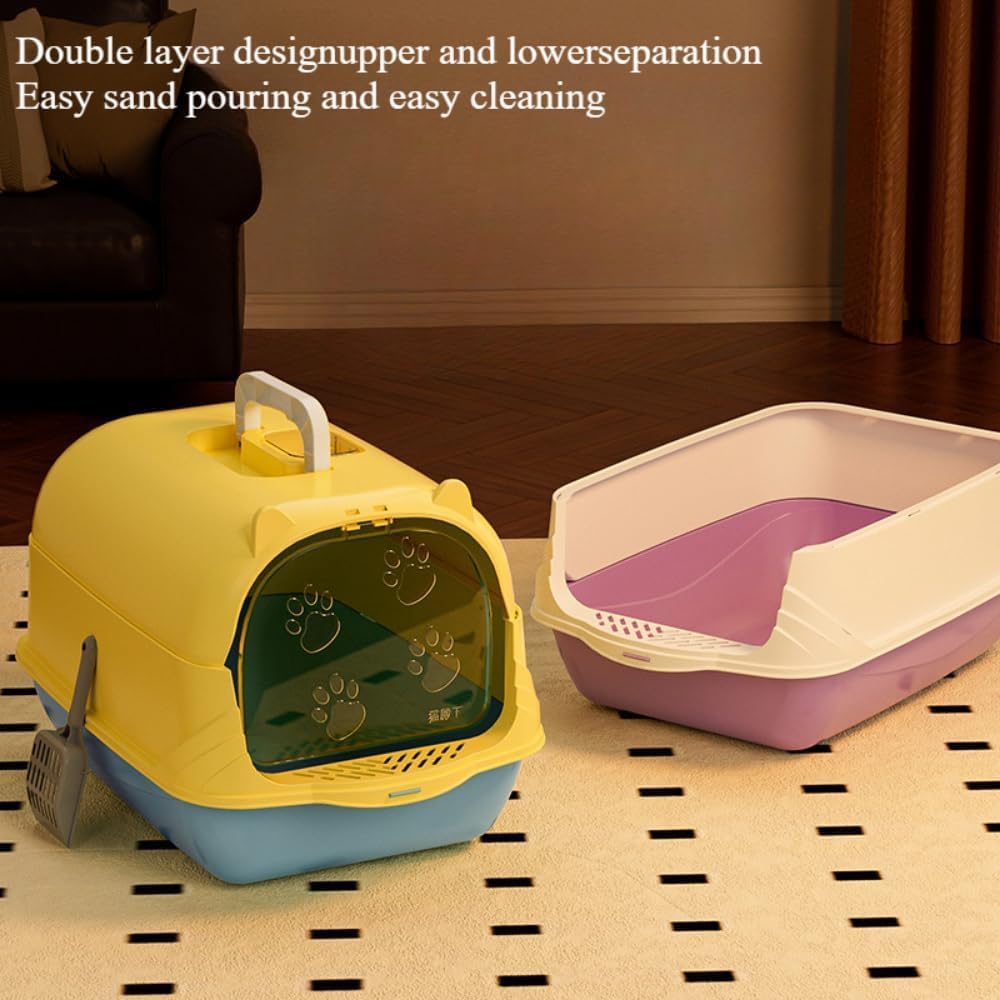 Front Lift Cover Cat Litter Box with Scoop - Splash Proof Plastic Cat Toilet, Easy Clean Pet Litter Basin for Cats(Yellow)