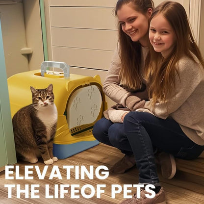 Front Lift Cover Cat Litter Box with Scoop - Splash Proof Plastic Cat Toilet, Easy Clean Pet Litter Basin for Cats(Yellow)