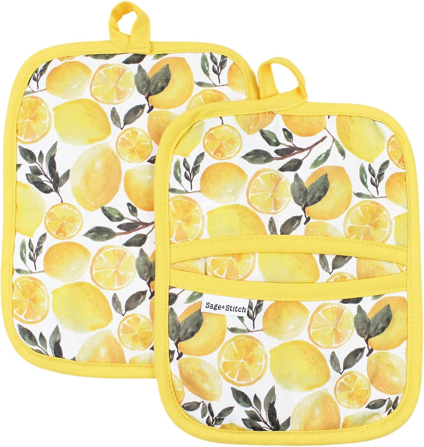 Heat Resistant Designer Pot Holders with Hand Pockets and Hanging Loops | Set of 2 100% Cotton Dual Function Kitchen Pot Holders | 7'' x 9'' | Yellow Lemons
