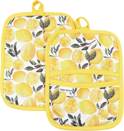 Heat Resistant Designer Pot Holders with Hand Pockets and Hanging Loops | Set of 2 100% Cotton Dual Function Kitchen Pot Holders | 7'' x 9'' | Yellow Lemons