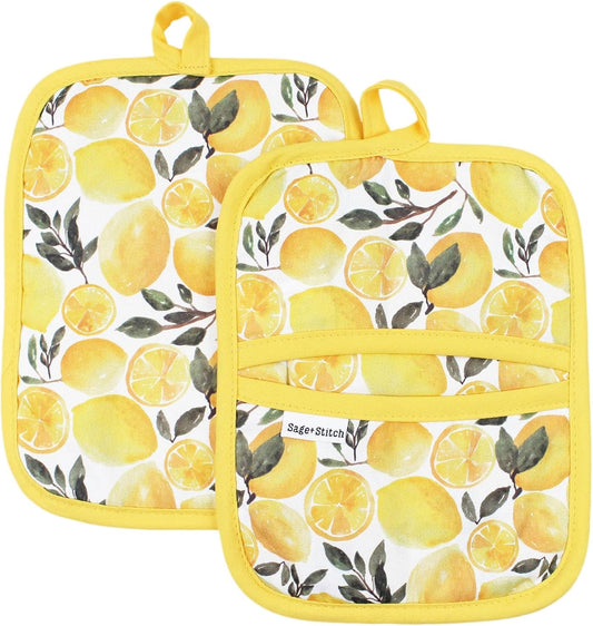 Heat Resistant Designer Pot Holders with Hand Pockets and Hanging Loops | Set of 2 100% Cotton Dual Function Kitchen Pot Holders | 7'' x 9'' | Yellow Lemons