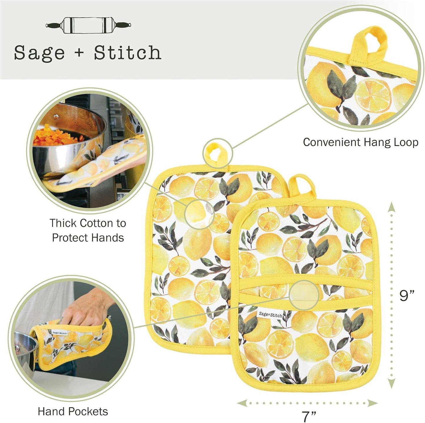 Heat Resistant Designer Pot Holders with Hand Pockets and Hanging Loops | Set of 2 100% Cotton Dual Function Kitchen Pot Holders | 7'' x 9'' | Yellow Lemons