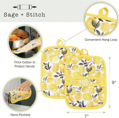 Heat Resistant Designer Pot Holders with Hand Pockets and Hanging Loops | Set of 2 100% Cotton Dual Function Kitchen Pot Holders | 7'' x 9'' | Yellow Lemons